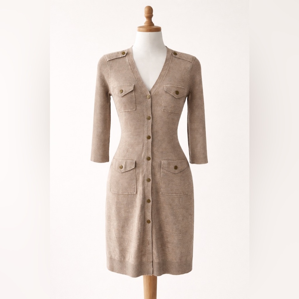 Beige Knit Button Front Midi Dress | Utility Pocket Style | Size M Petite